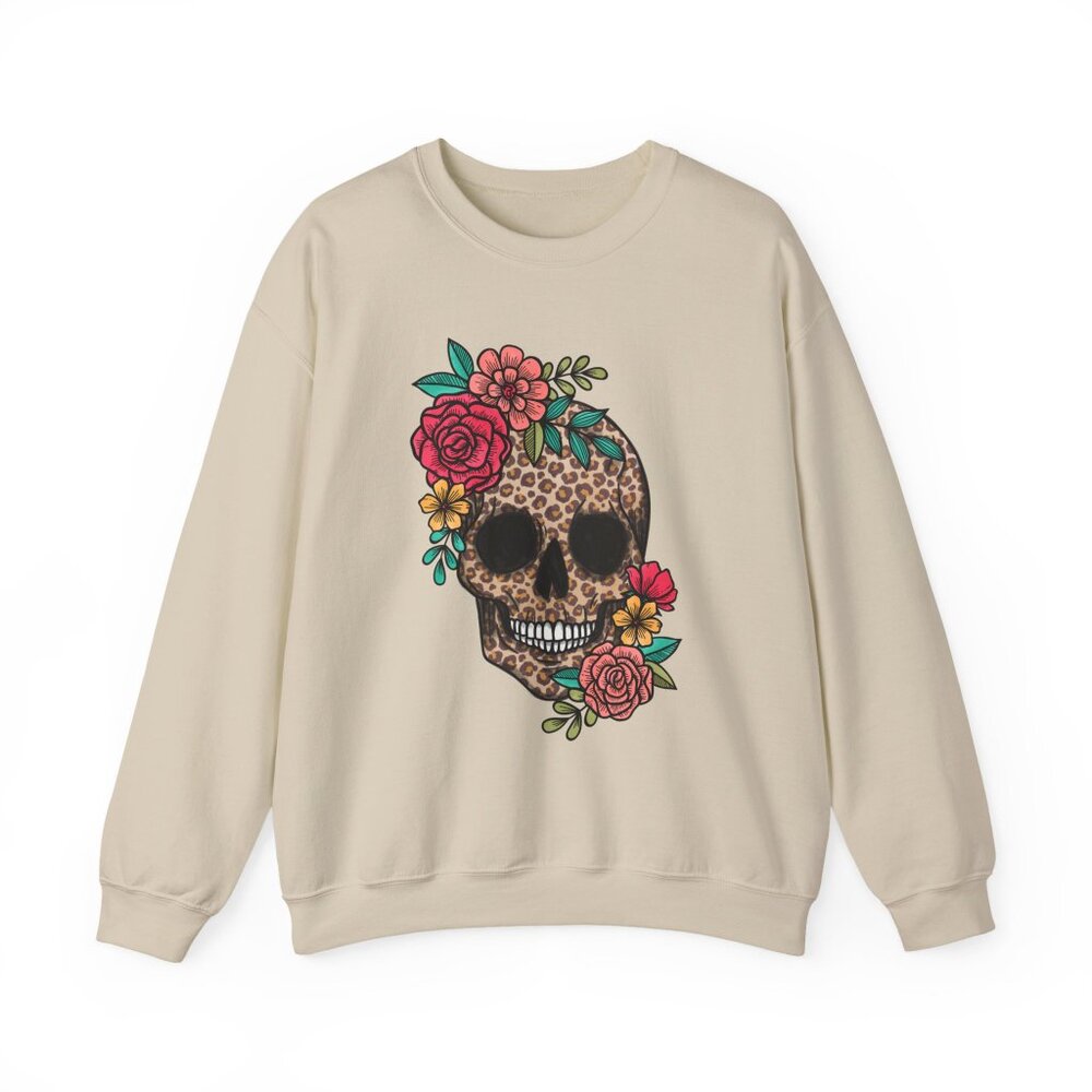 Skull with Vibrant Flowers Unisex Gildan Sweatshirt Crewneck - Picture 7 of 13
